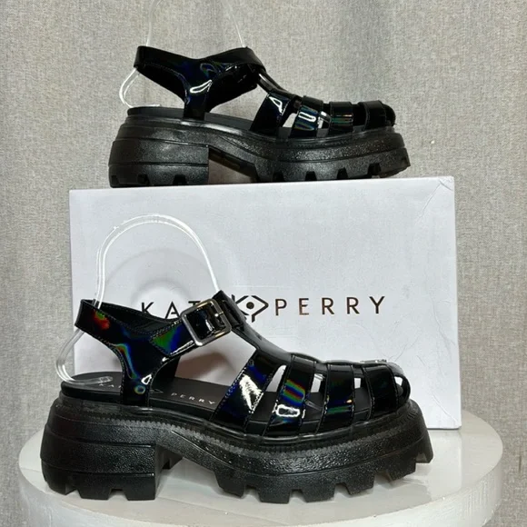 KATY PERRY THE GELI COMBAT BLACK HOLOGRAPHIC FISHERMAN PLATFORM SANDALS **NIB** - Picture 10 of 15